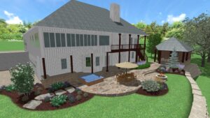 3d rendering of a landscape design with patio, fire pit, and eating area during the day