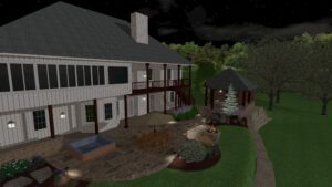 3d rendering of a landscape design with patio, fire pit, and eating area at night